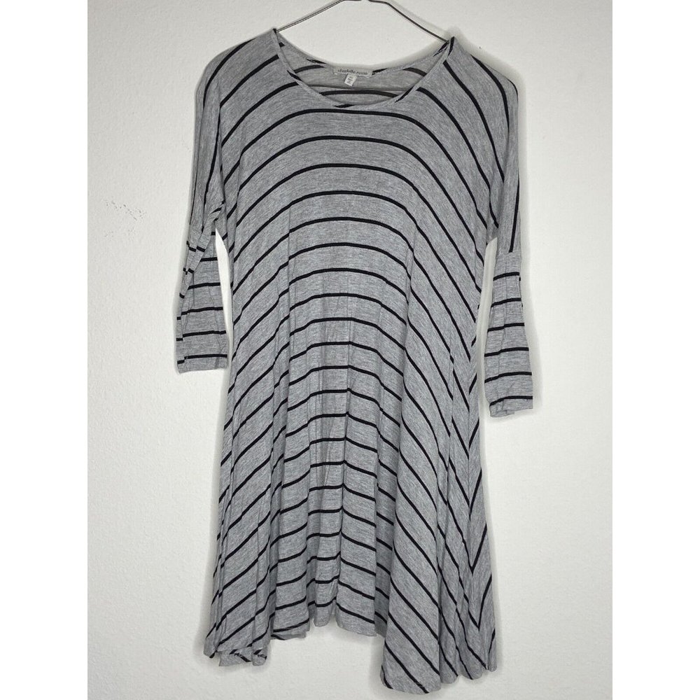 Charlotte Russe Women Size XS Grey and Black Striped Swing Dress 3/4 Sleeve MINI